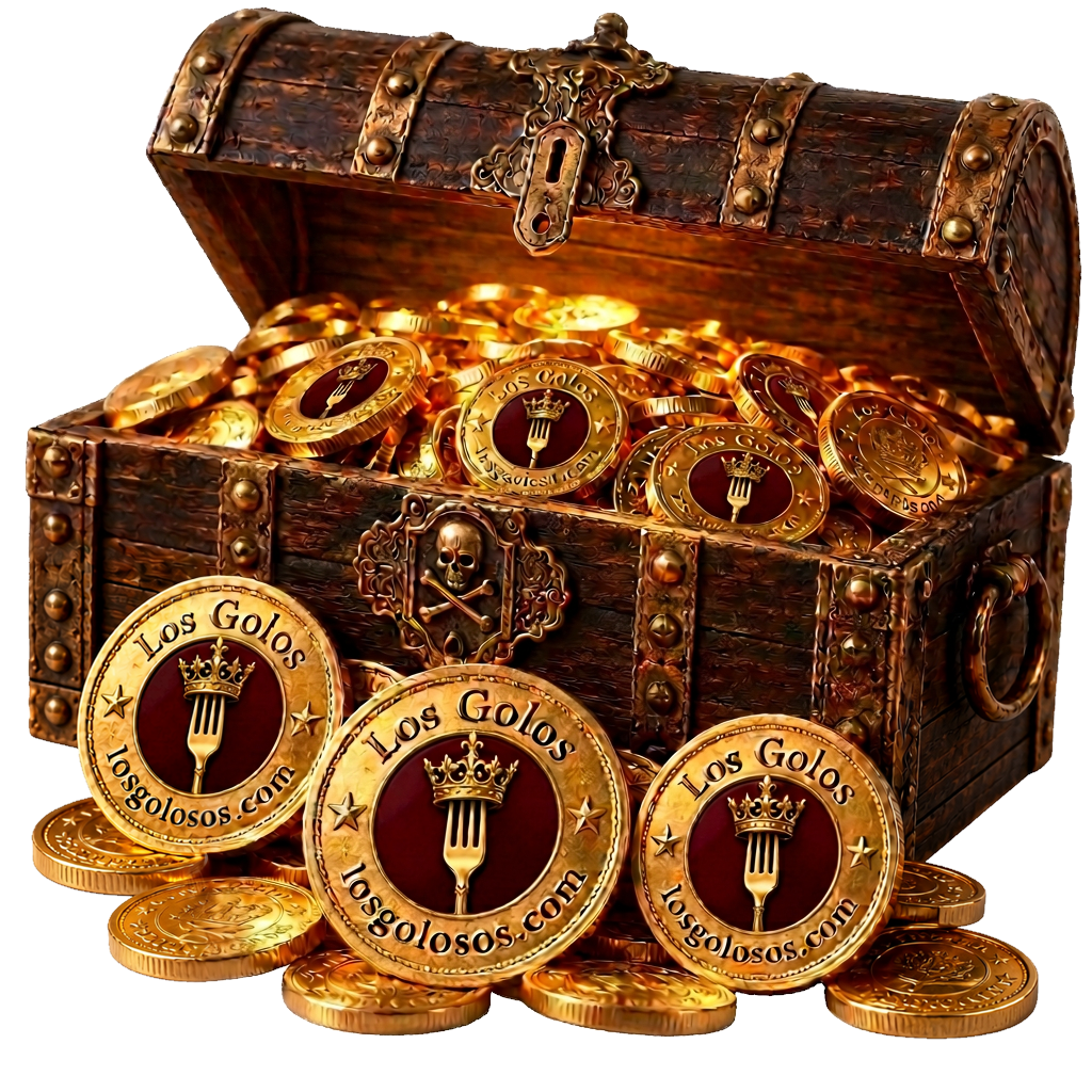 Un cofre pirata del que salen monedas de Los Golos con el escudo de Los Golosos